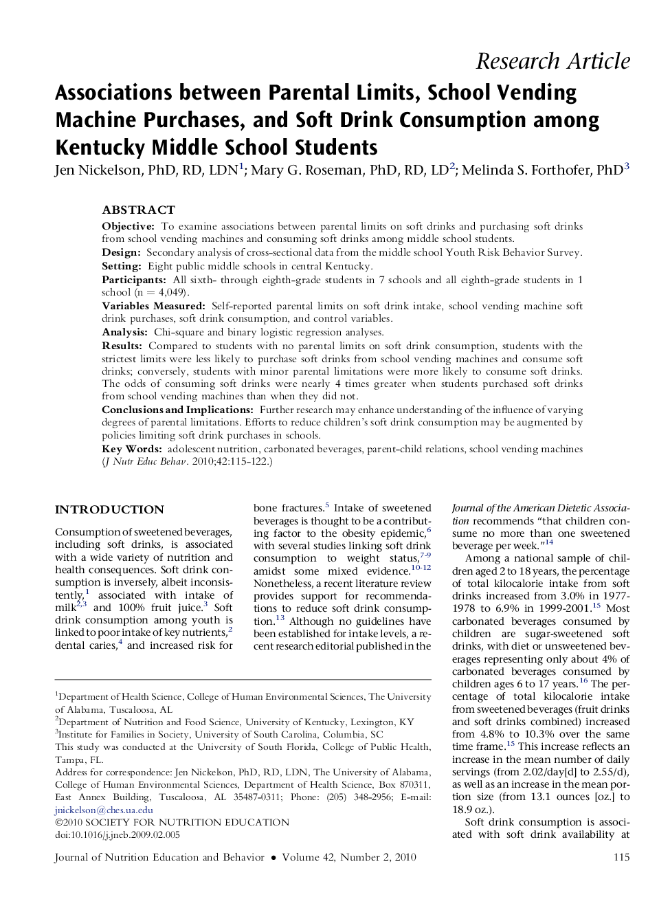 Associations between Parental Limits, School Vending Machine Purchases, and Soft Drink Consumption among Kentucky Middle School Students 