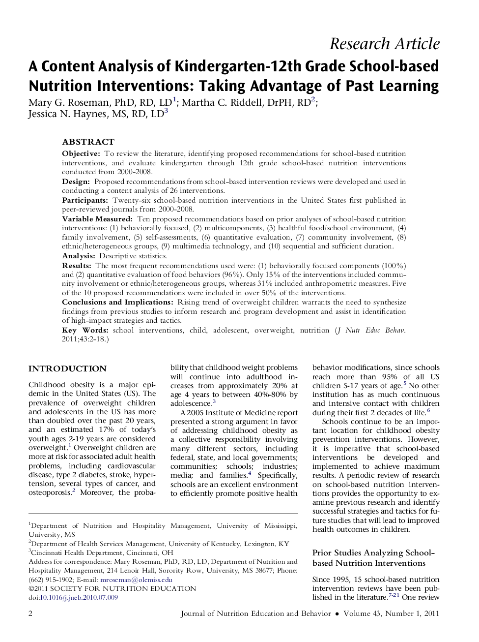 A Content Analysis of Kindergarten-12th Grade School-based Nutrition Interventions: Taking Advantage of Past Learning