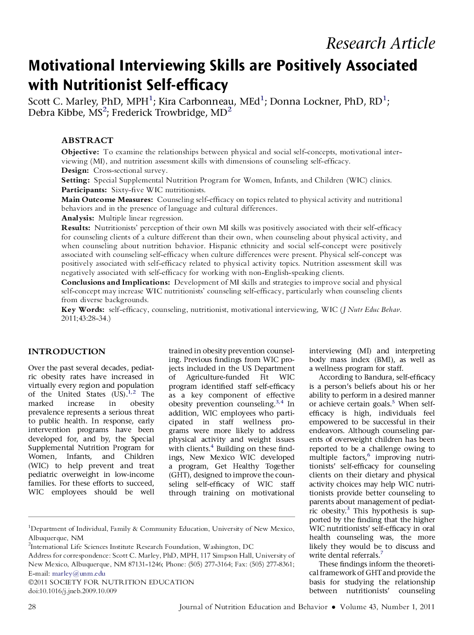 Motivational Interviewing Skills are Positively Associated with Nutritionist Self-efficacy