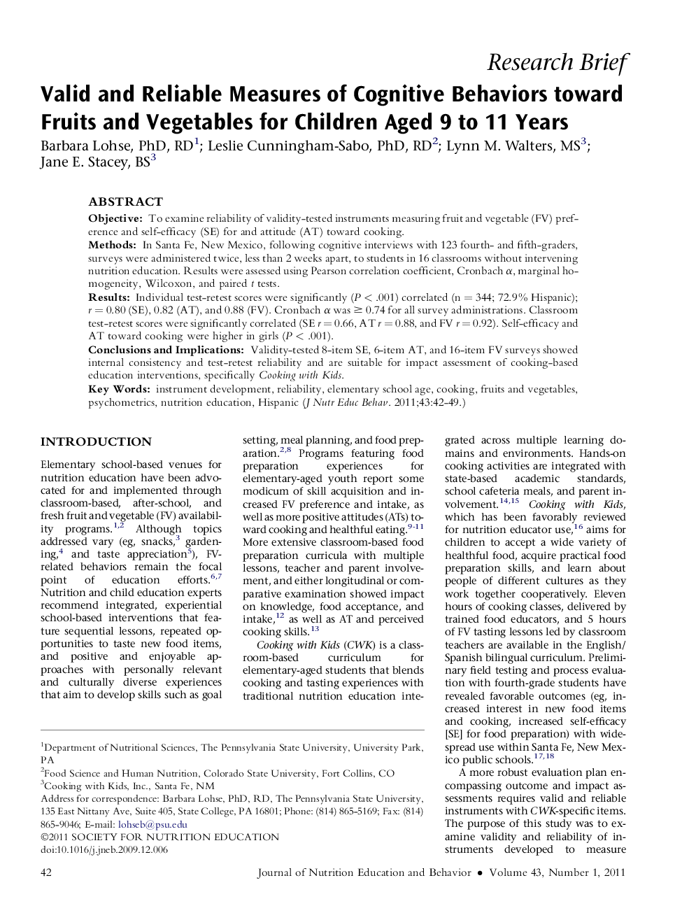 Valid and Reliable Measures of Cognitive Behaviors toward Fruits and Vegetables for Children Aged 9 to 11 Years