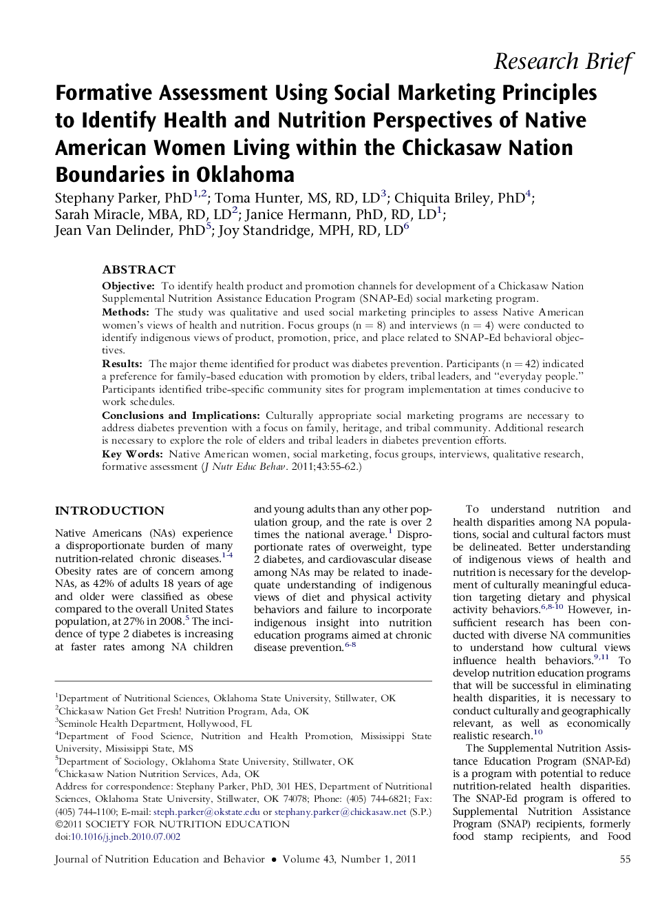 Formative Assessment Using Social Marketing Principles to Identify Health and Nutrition Perspectives of Native American Women Living within the Chickasaw Nation Boundaries in Oklahoma