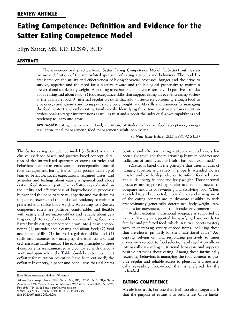 Eating Competence: Definition and Evidence for the Satter Eating Competence Model