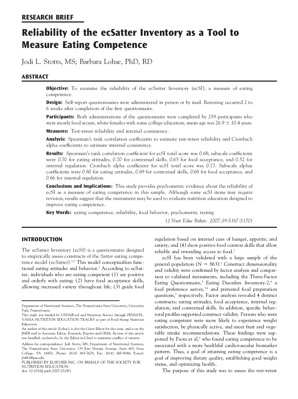 Reliability of the ecSatter Inventory as a Tool to Measure Eating Competence 