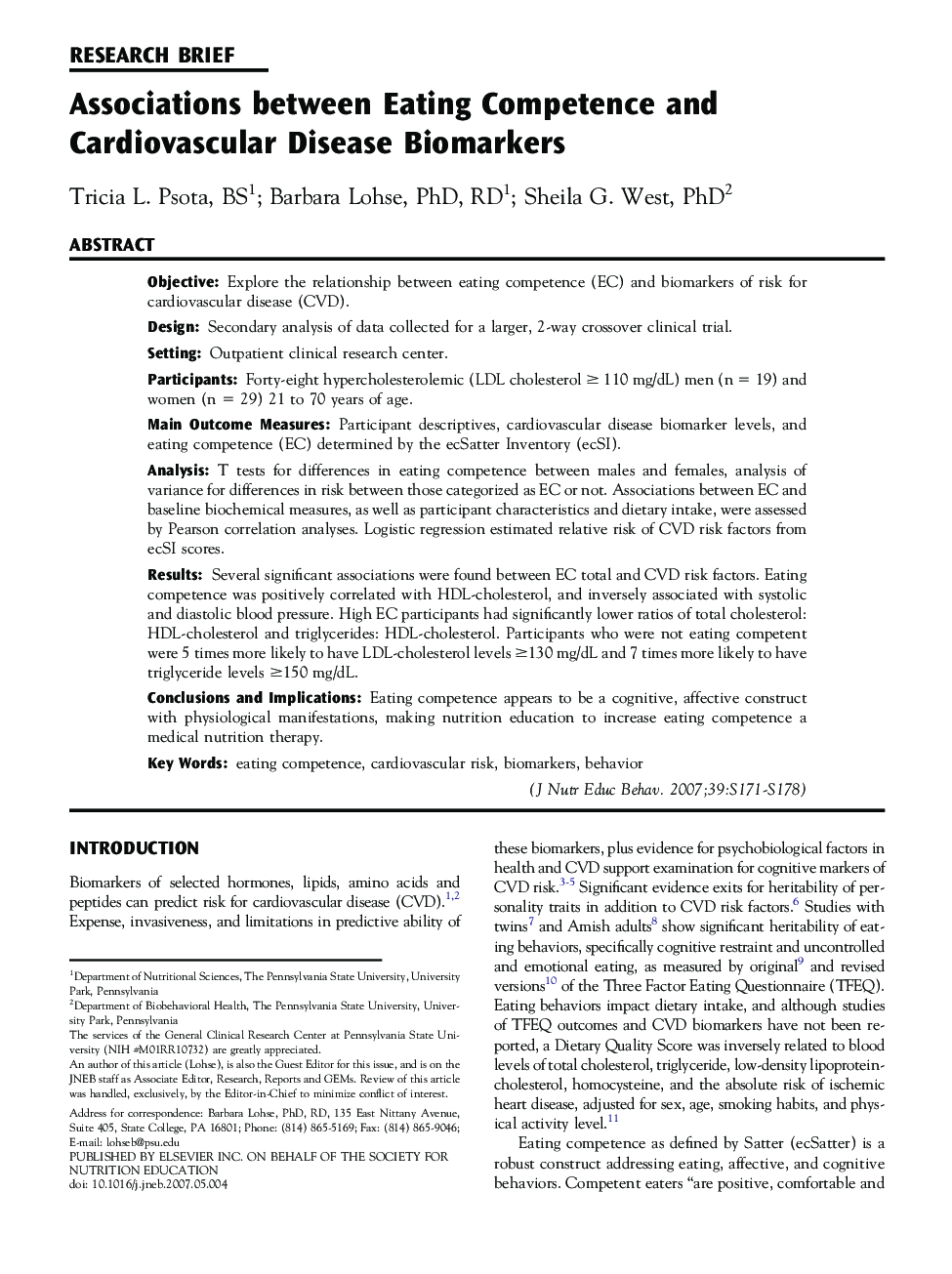 Associations between Eating Competence and Cardiovascular Disease Biomarkers 