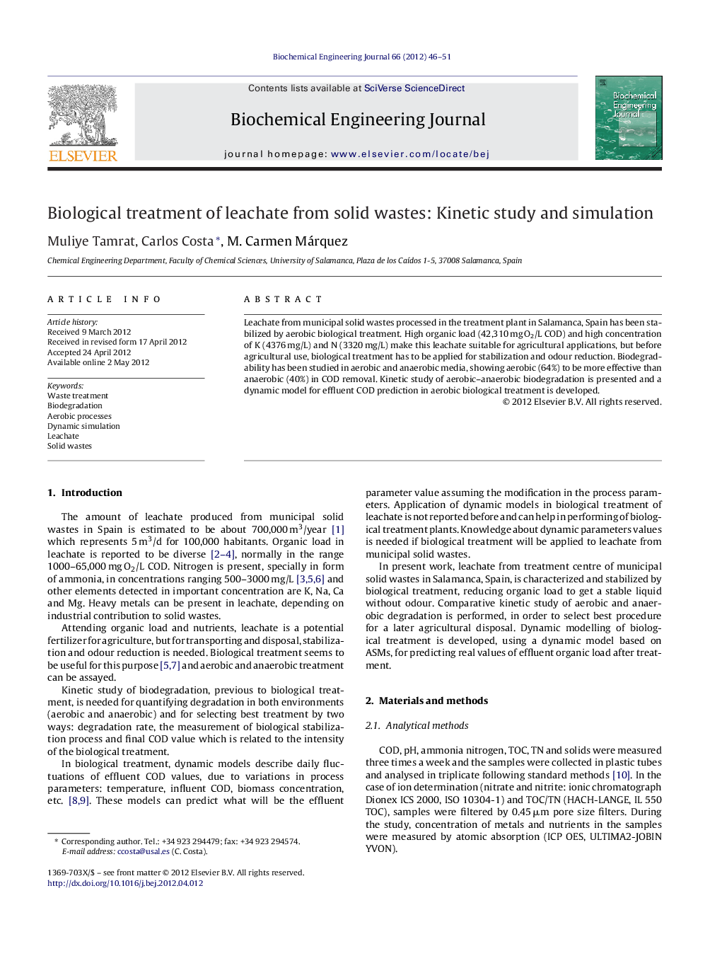 Biological treatment of leachate from solid wastes: Kinetic study and simulation