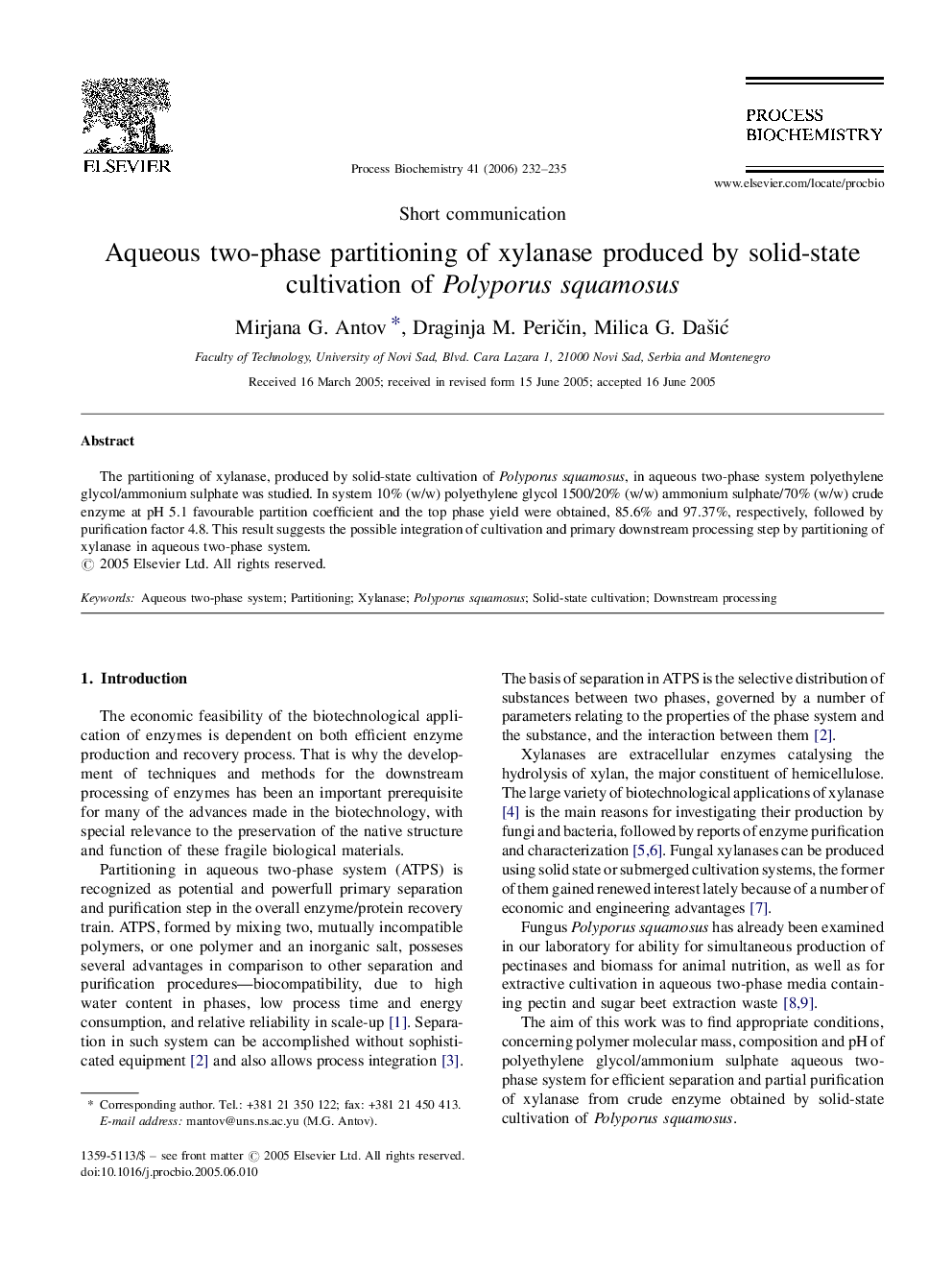 Aqueous two-phase partitioning of xylanase produced by solid-state cultivation of Polyporus squamosus