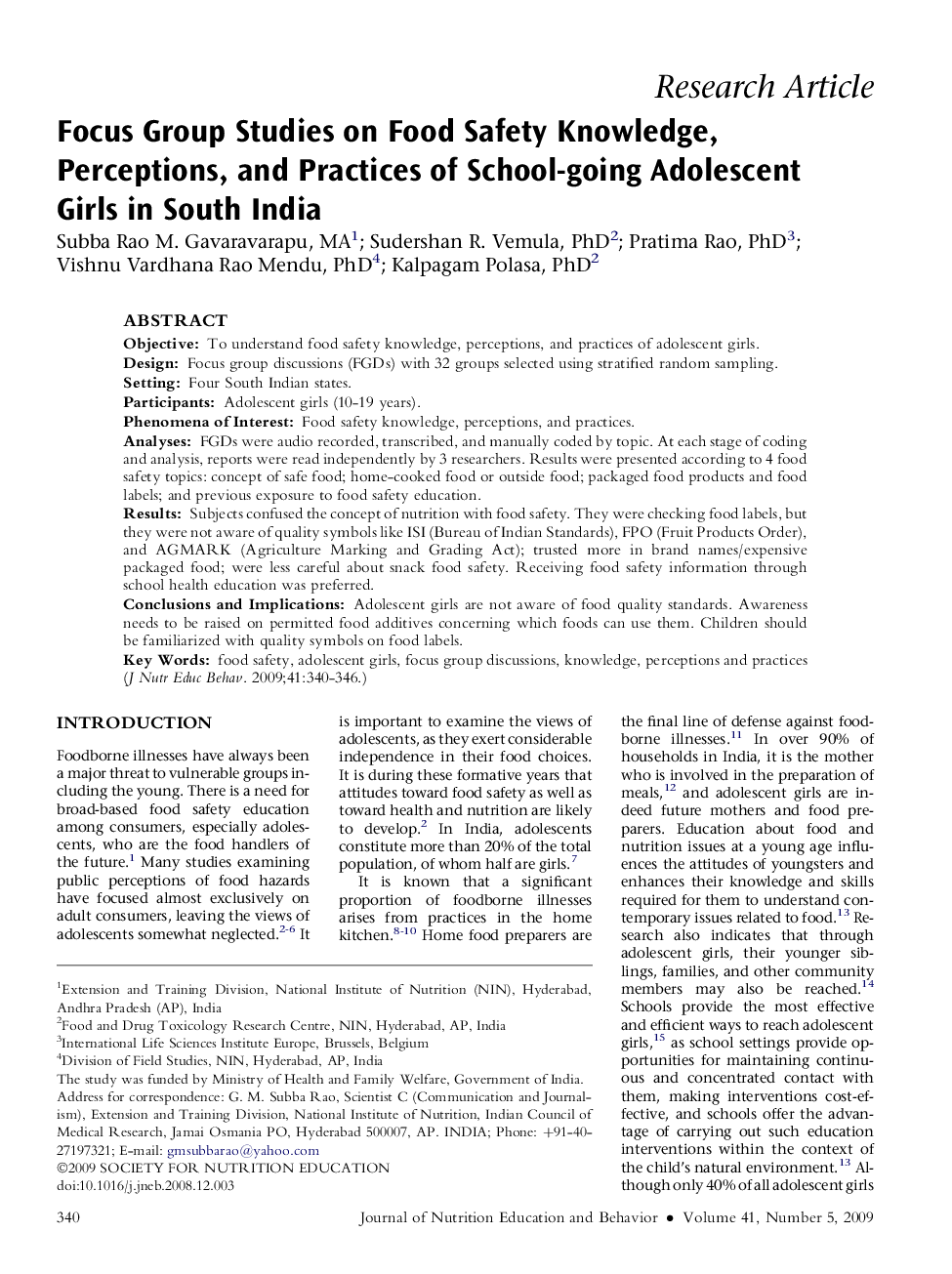 Focus Group Studies on Food Safety Knowledge, Perceptions, and Practices of School-going Adolescent Girls in South India 