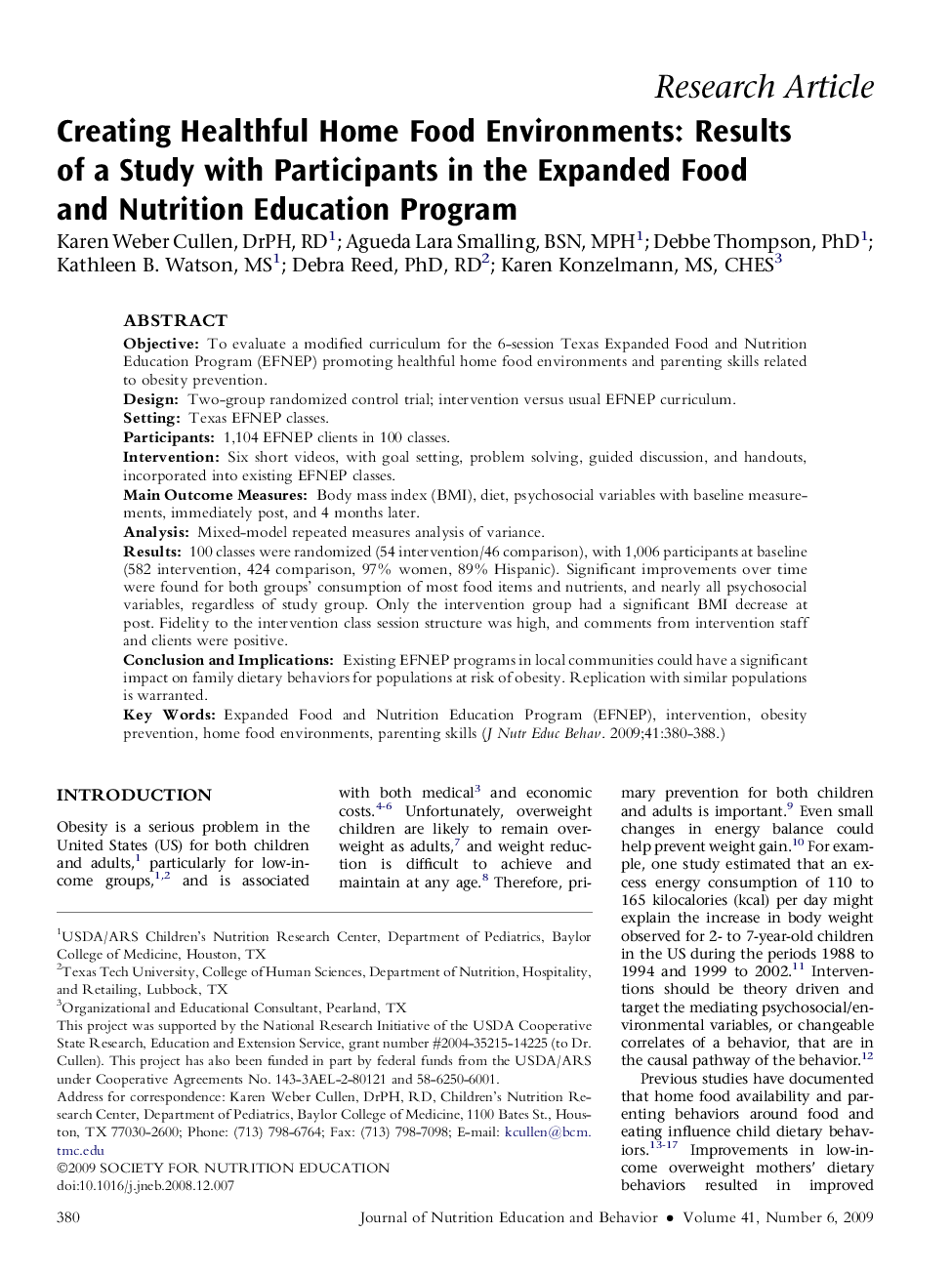 Creating Healthful Home Food Environments: Results of a Study with Participants in the Expanded Food and Nutrition Education Program 