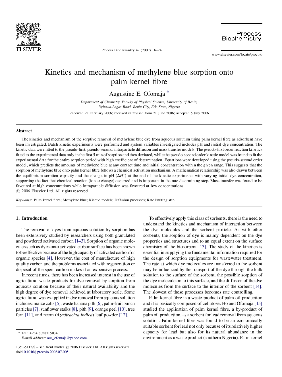 Kinetics and mechanism of methylene blue sorption onto palm kernel fibre