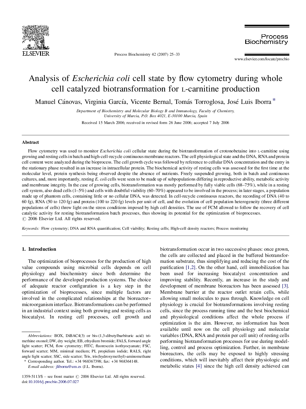 Analysis of Escherichia coli cell state by flow cytometry during whole cell catalyzed biotransformation for l-carnitine production