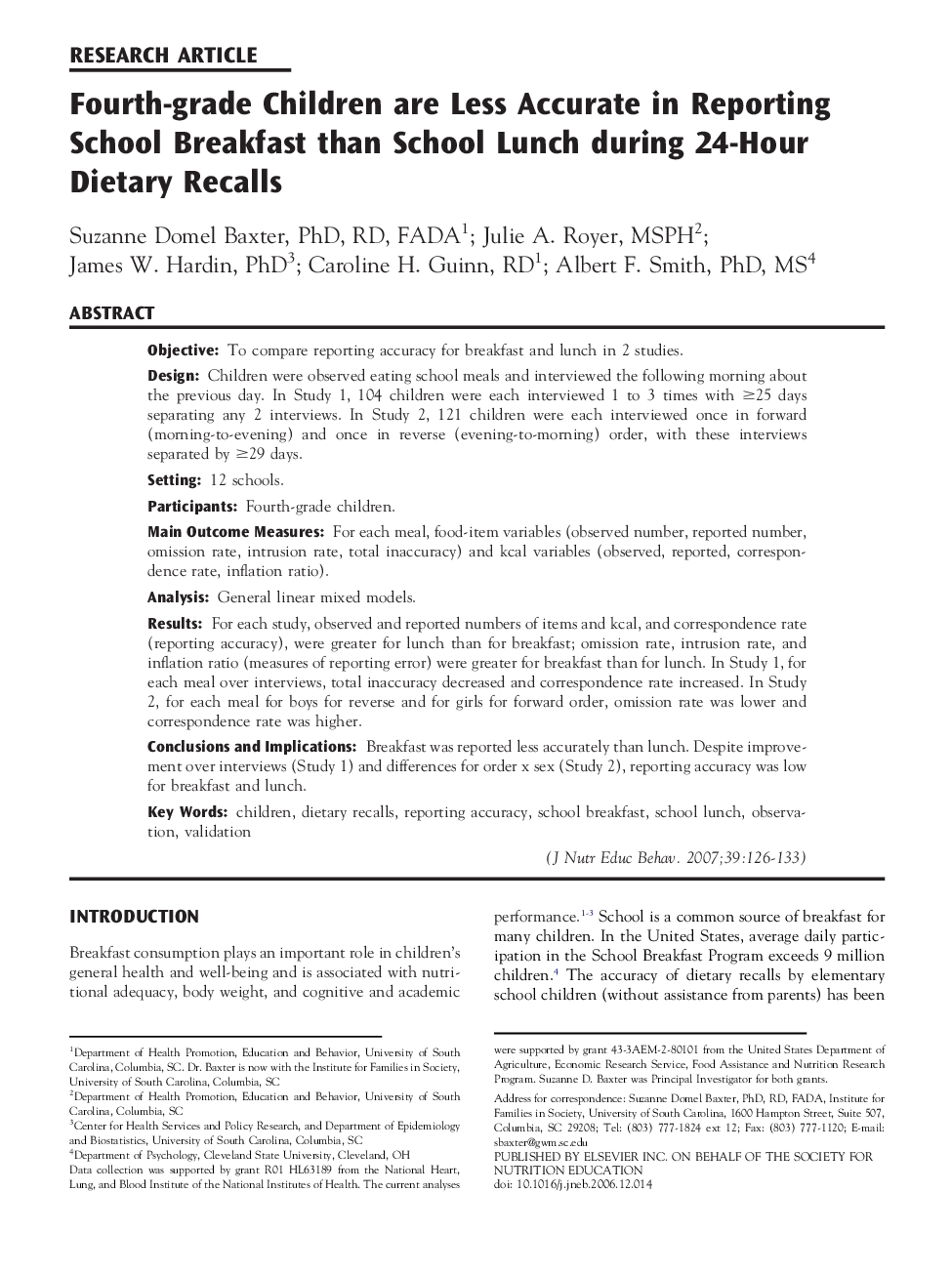 Fourth-grade Children are Less Accurate in Reporting School Breakfast than School Lunch during 24-Hour Dietary Recalls 