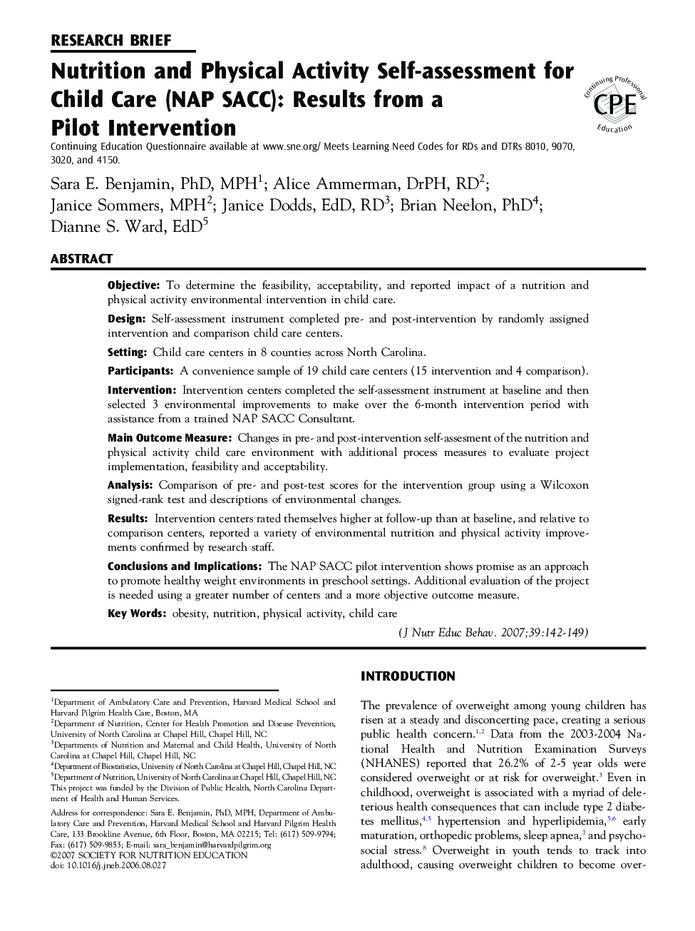 Nutrition and Physical Activity Self-assessment for Child Care (NAP SACC): Results from a Pilot Intervention 