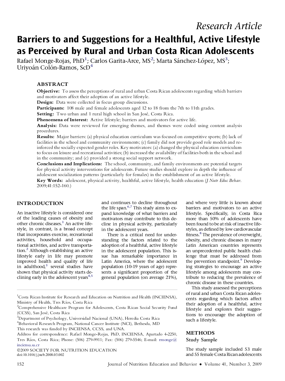 Barriers to and Suggestions for a Healthful, Active Lifestyle as Perceived by Rural and Urban Costa Rican Adolescents 