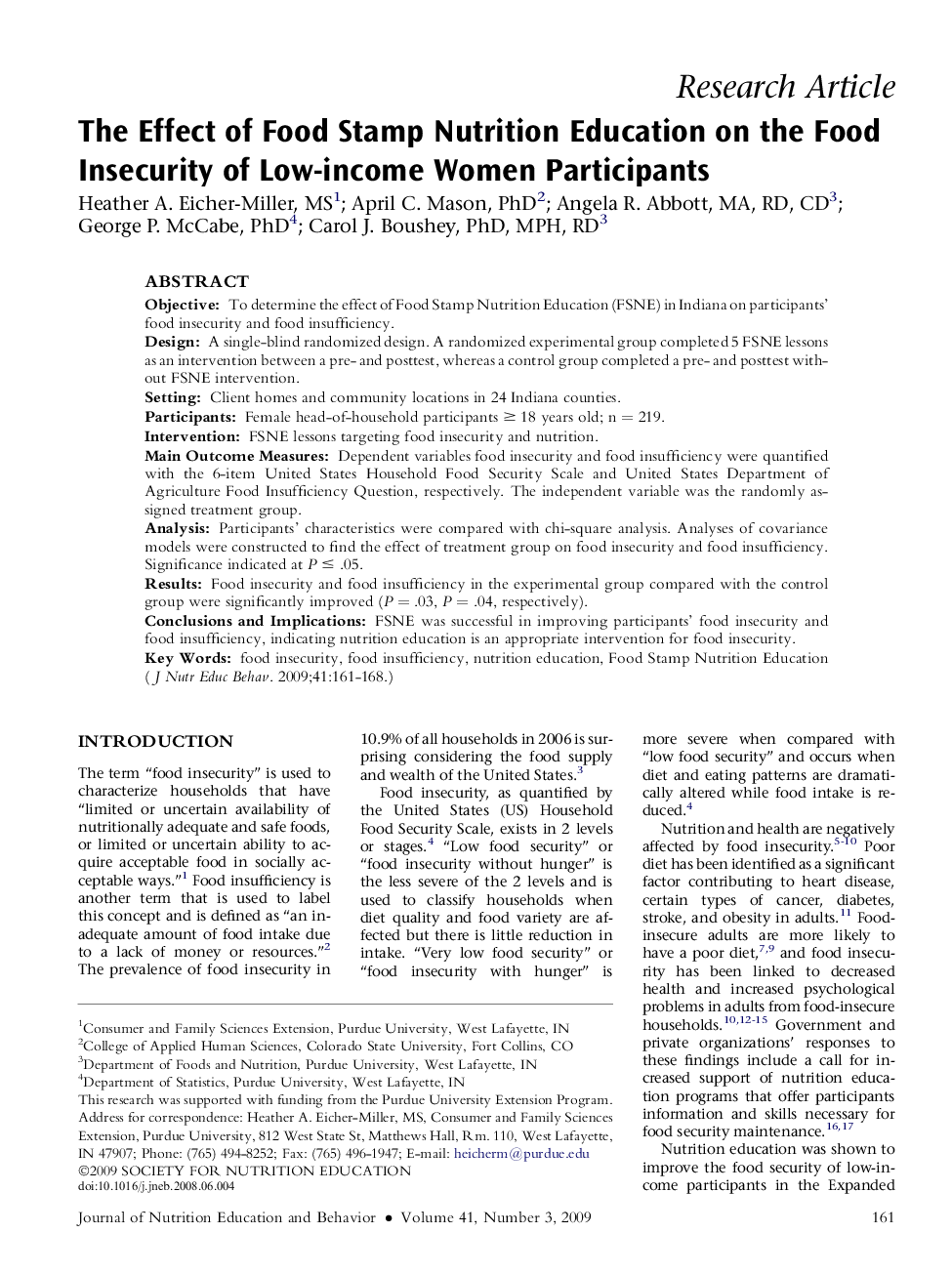 The Effect of Food Stamp Nutrition Education on the Food Insecurity of Low-income Women Participants 