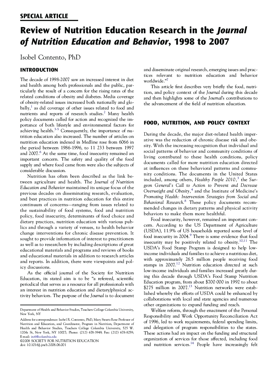 Review of Nutrition Education Research in the Journal of Nutrition Education and Behavior, 1998 to 2007