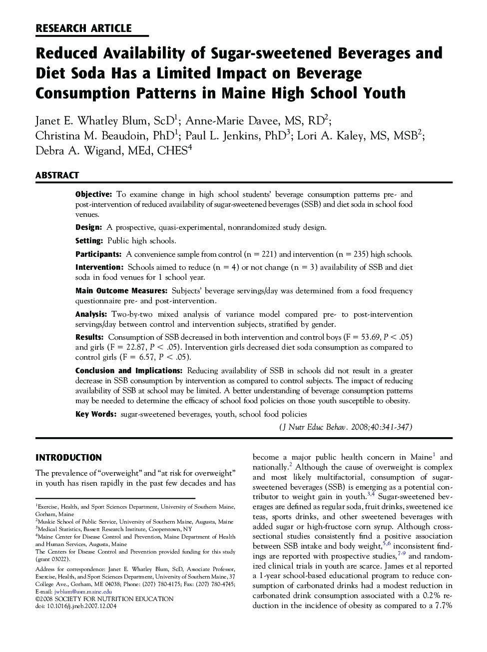 Reduced Availability of Sugar-sweetened Beverages and Diet Soda Has a Limited Impact on Beverage Consumption Patterns in Maine High School Youth 