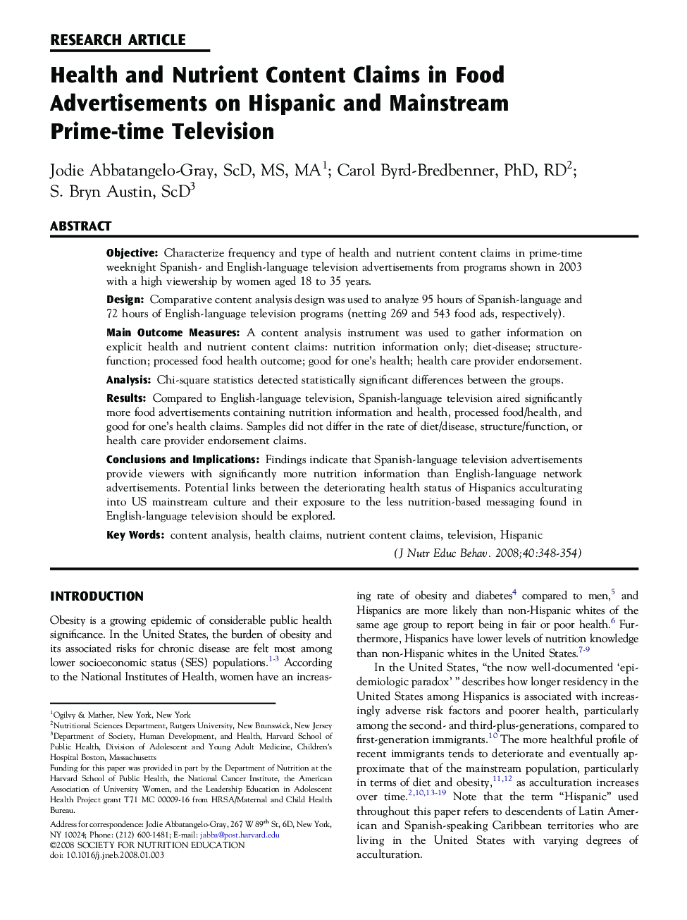 Health and Nutrient Content Claims in Food Advertisements on Hispanic and Mainstream Prime-time Television 