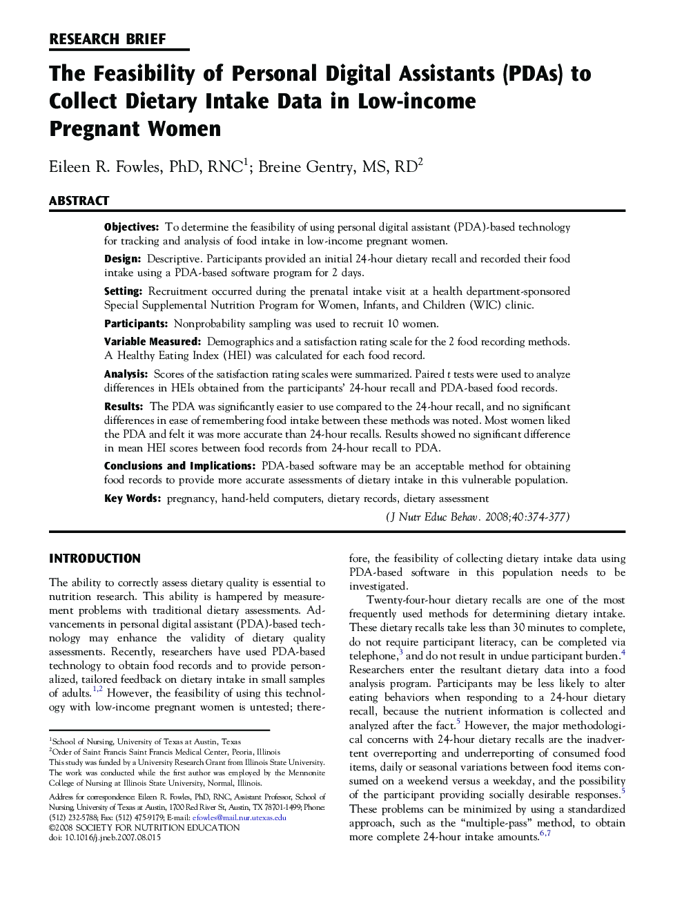 The Feasibility of Personal Digital Assistants (PDAs) to Collect Dietary Intake Data in Low-income Pregnant Women 