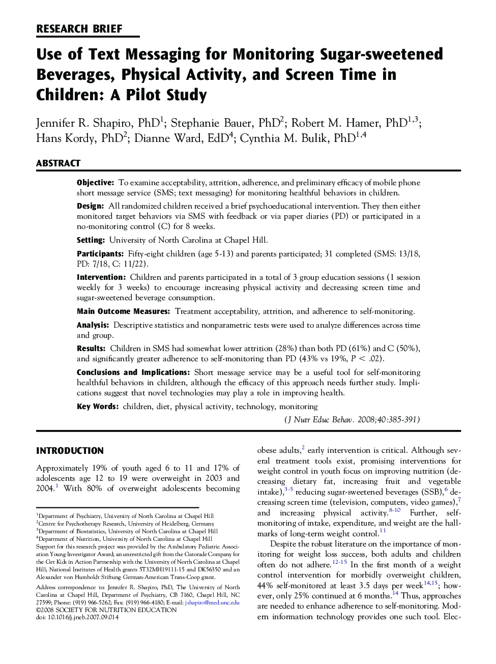 Use of Text Messaging for Monitoring Sugar-sweetened Beverages, Physical Activity, and Screen Time in Children: A Pilot Study 