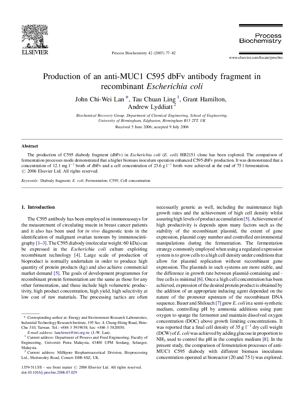 Production of an anti-MUC1 C595 dbFv antibody fragment in recombinant Escherichia coli