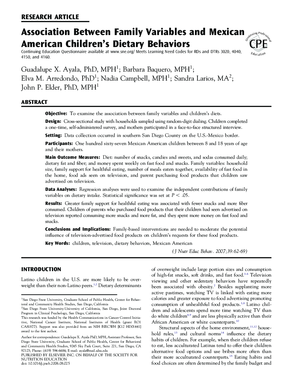 Association Between Family Variables and Mexican American Children’s Dietary Behaviors 