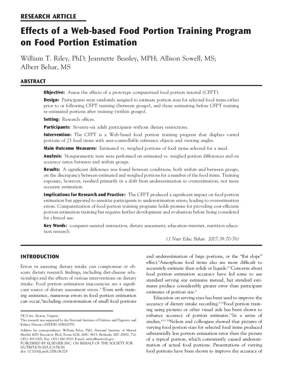 Effects of a Web-based Food Portion Training Program on Food Portion Estimation 