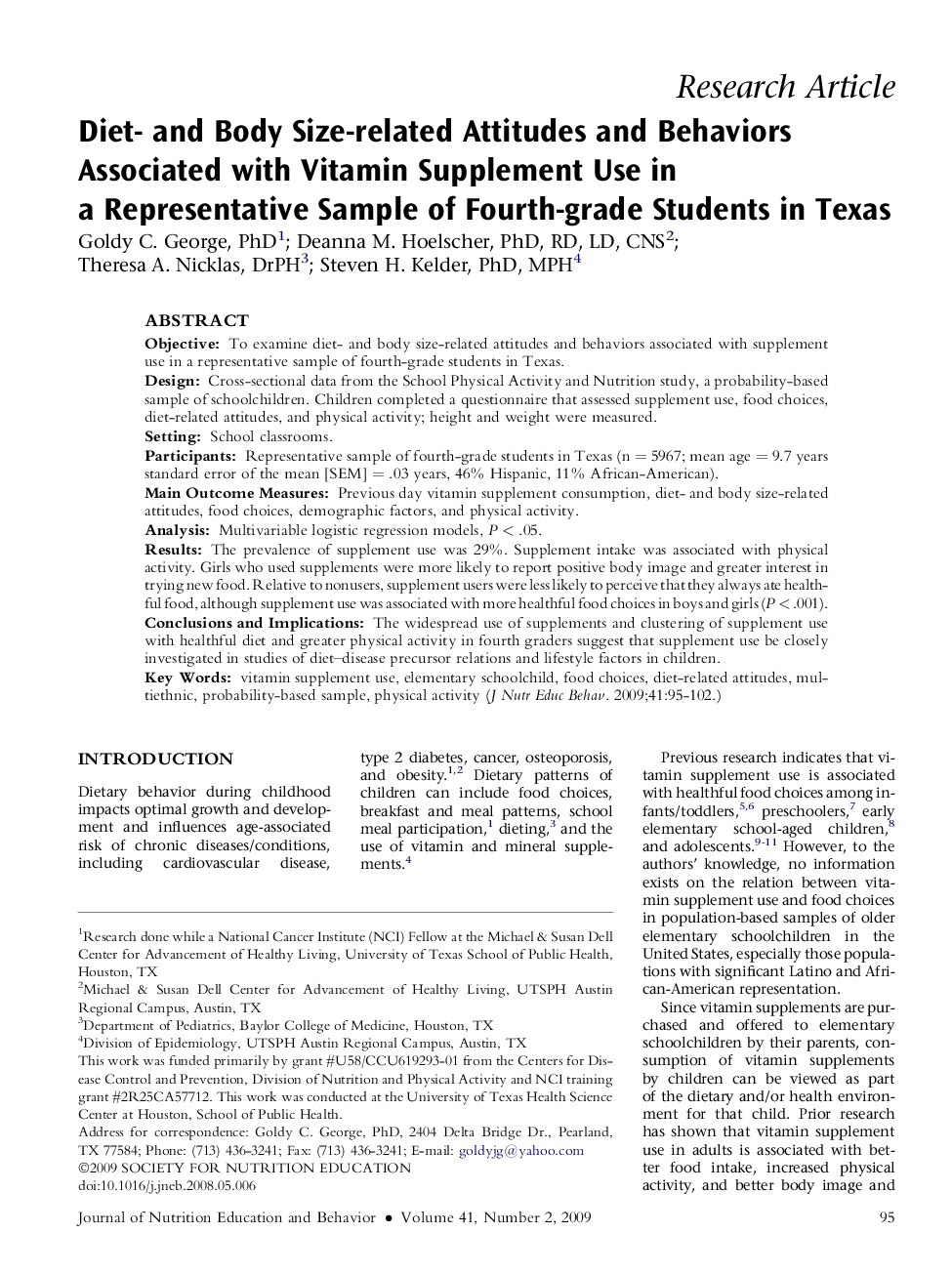 Diet- and Body Size-related Attitudes and Behaviors Associated with Vitamin Supplement Use in a Representative Sample of Fourth-grade Students in Texas 