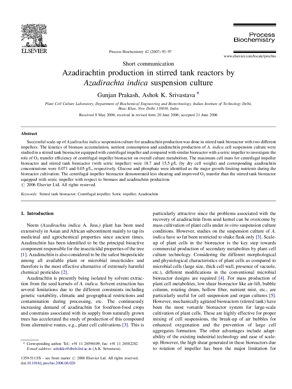 Azadirachtin production in stirred tank reactors by Azadirachta indica suspension culture