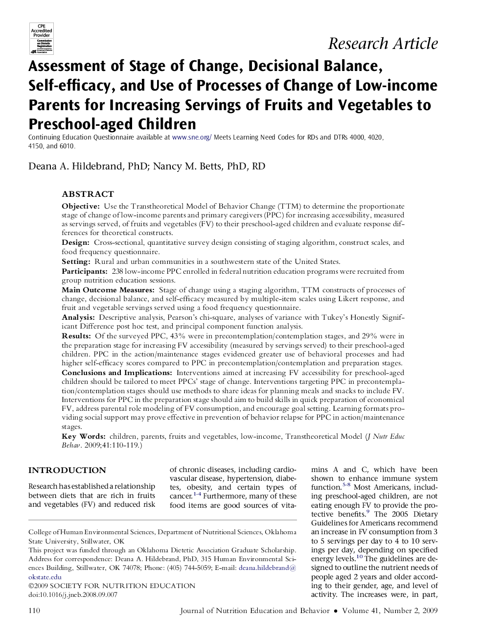 Assessment of Stage of Change, Decisional Balance, Self-efficacy, and Use of Processes of Change of Low-income Parents for Increasing Servings of Fruits and Vegetables to Preschool-aged Children 