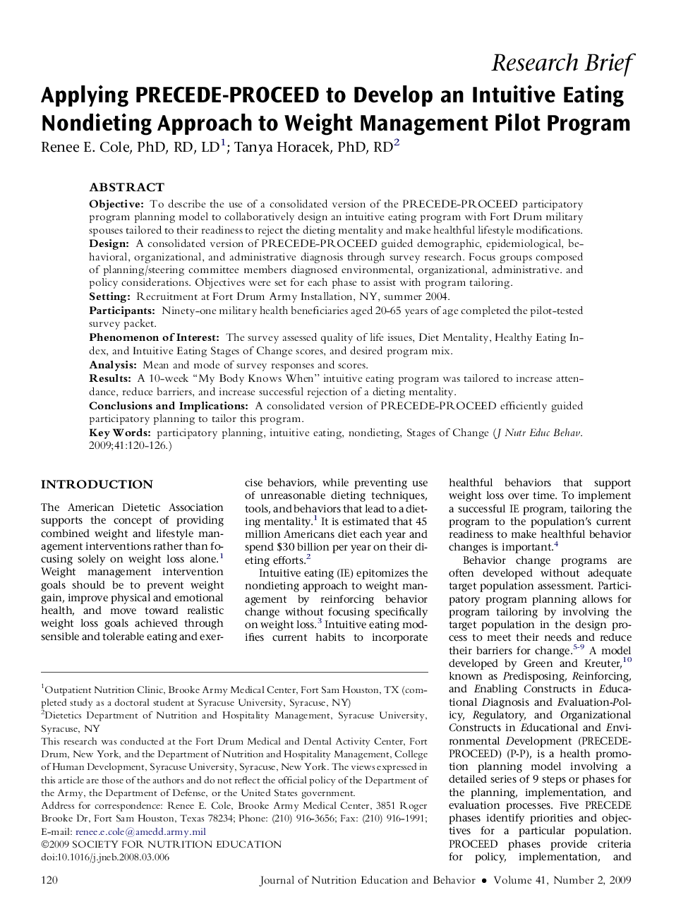 Applying PRECEDE-PROCEED to Develop an Intuitive Eating Nondieting Approach to Weight Management Pilot Program 