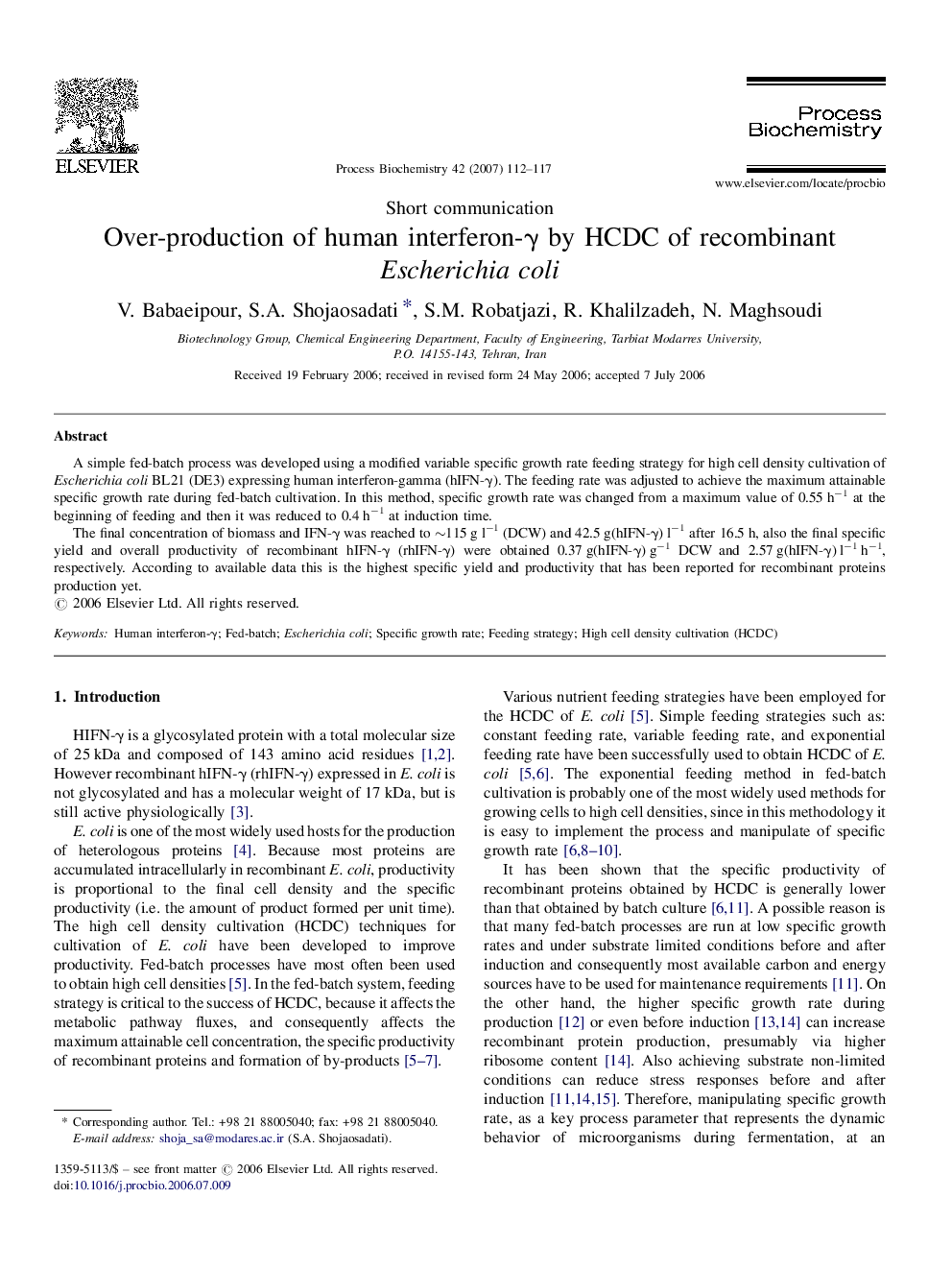 Over-production of human interferon-γ by HCDC of recombinant Escherichia coli