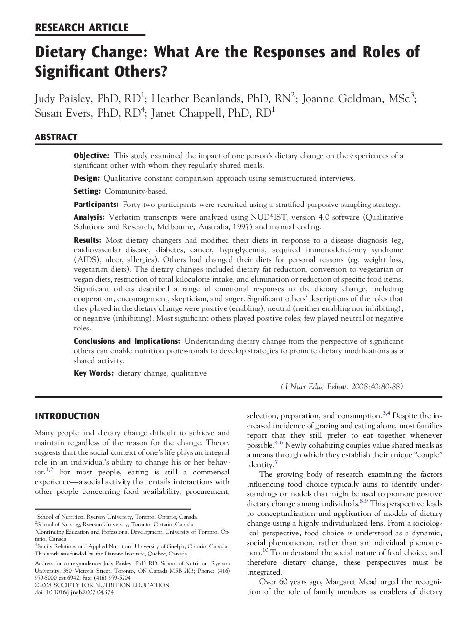 Dietary Change: What Are the Responses and Roles of Significant Others? 