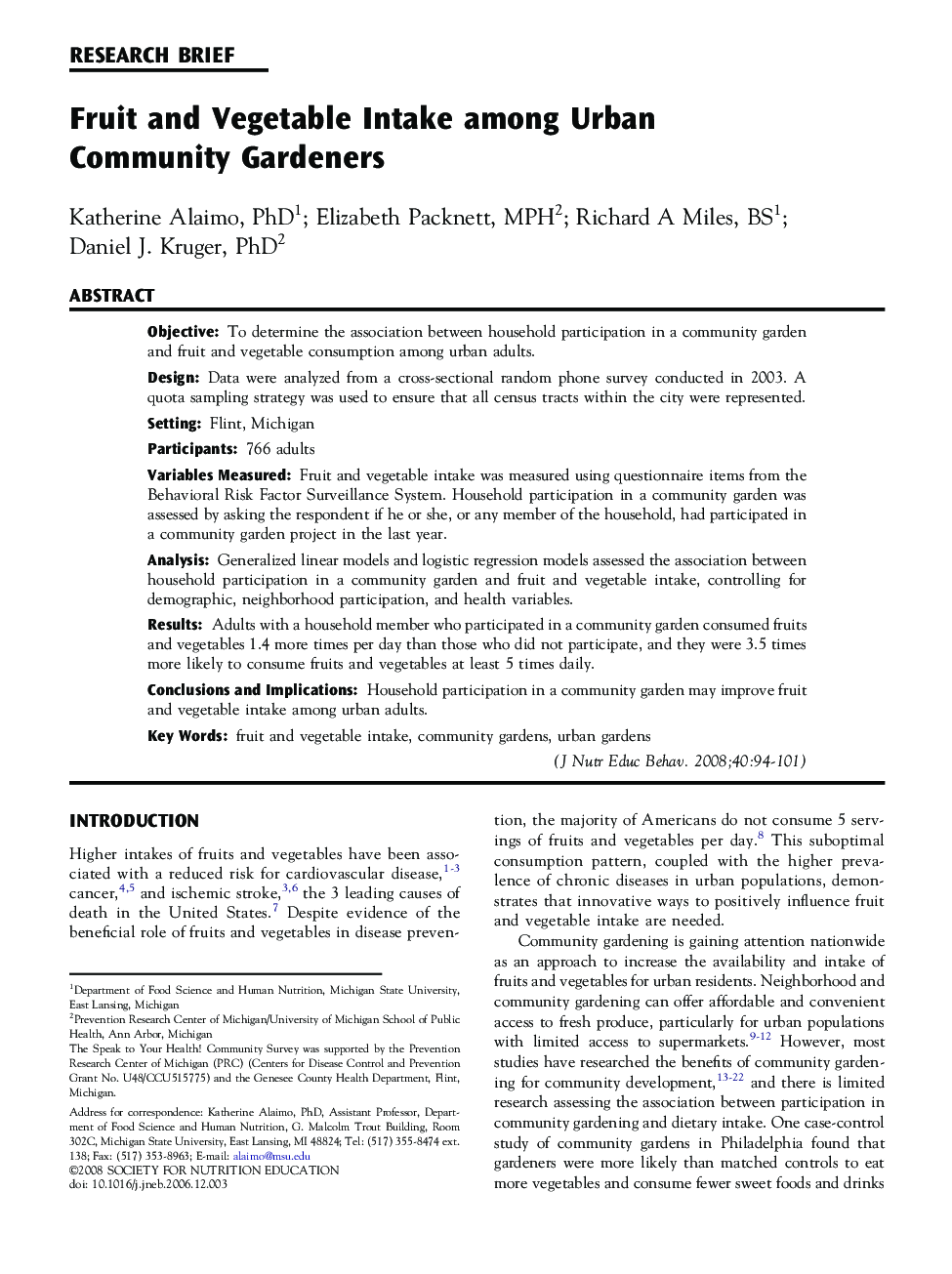 Fruit and Vegetable Intake among Urban Community Gardeners 