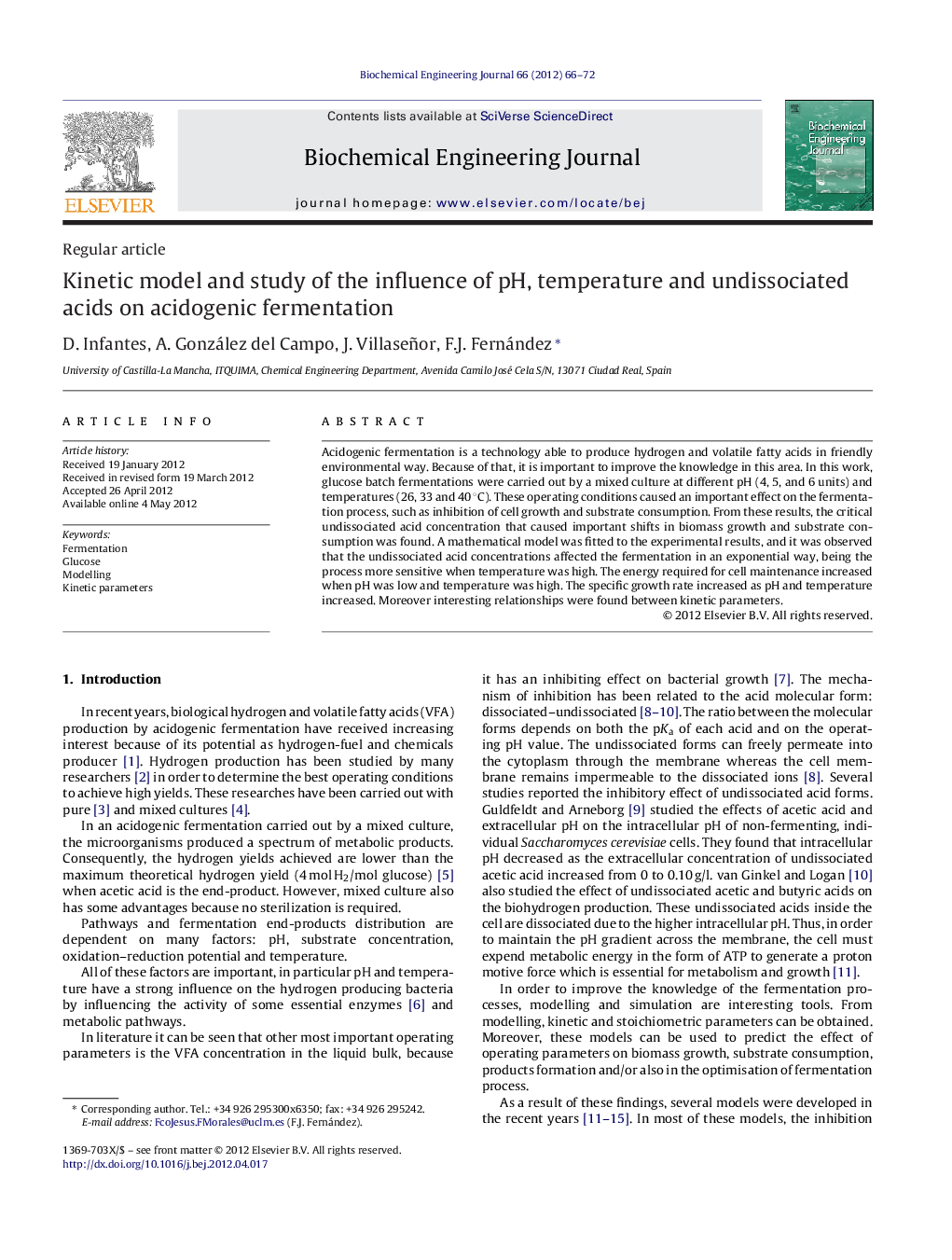 Kinetic model and study of the influence of pH, temperature and undissociated acids on acidogenic fermentation