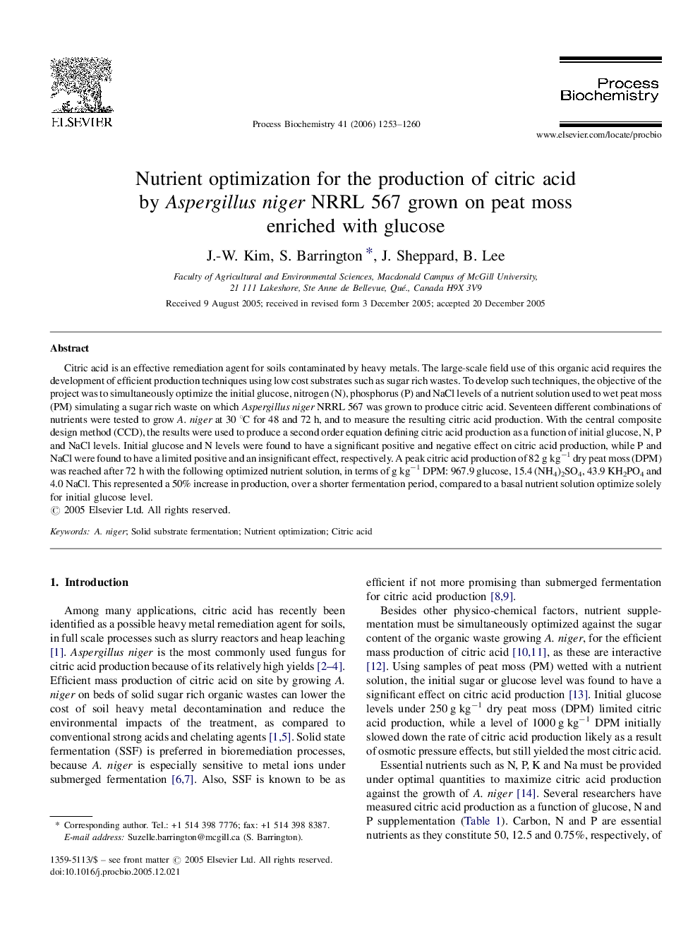 Nutrient optimization for the production of citric acid by Aspergillus niger NRRL 567 grown on peat moss enriched with glucose