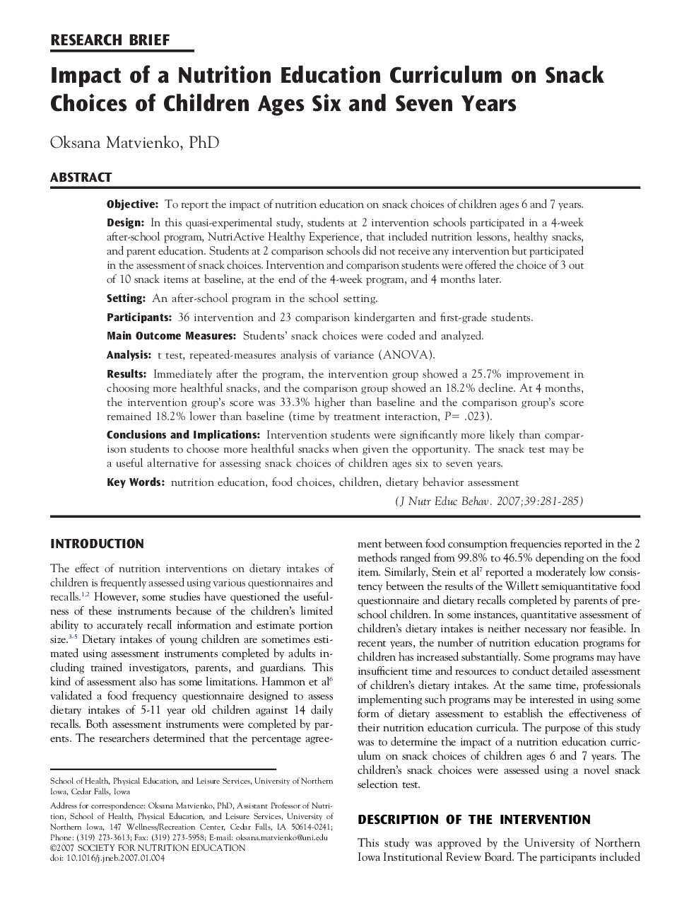 Impact of a Nutrition Education Curriculum on Snack Choices of Children Ages Six and Seven Years