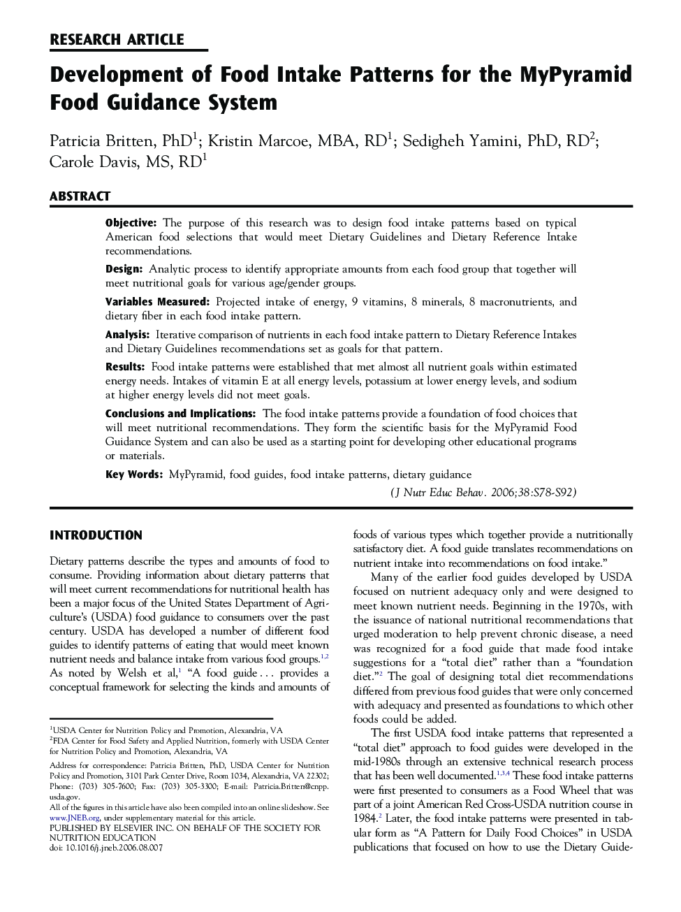 Development of Food Intake Patterns for the MyPyramid Food Guidance System 