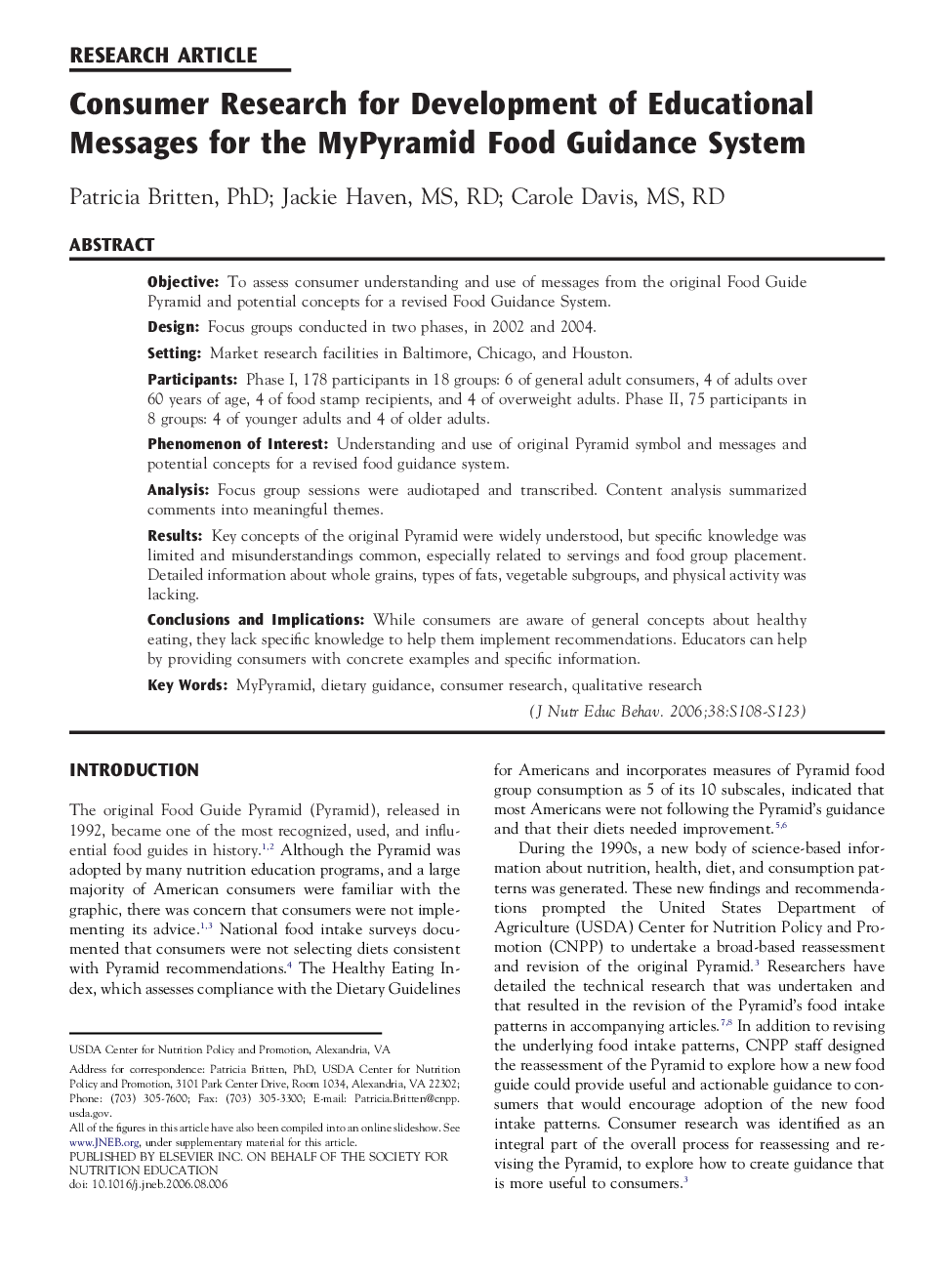 Consumer Research for Development of Educational Messages for the MyPyramid Food Guidance System 