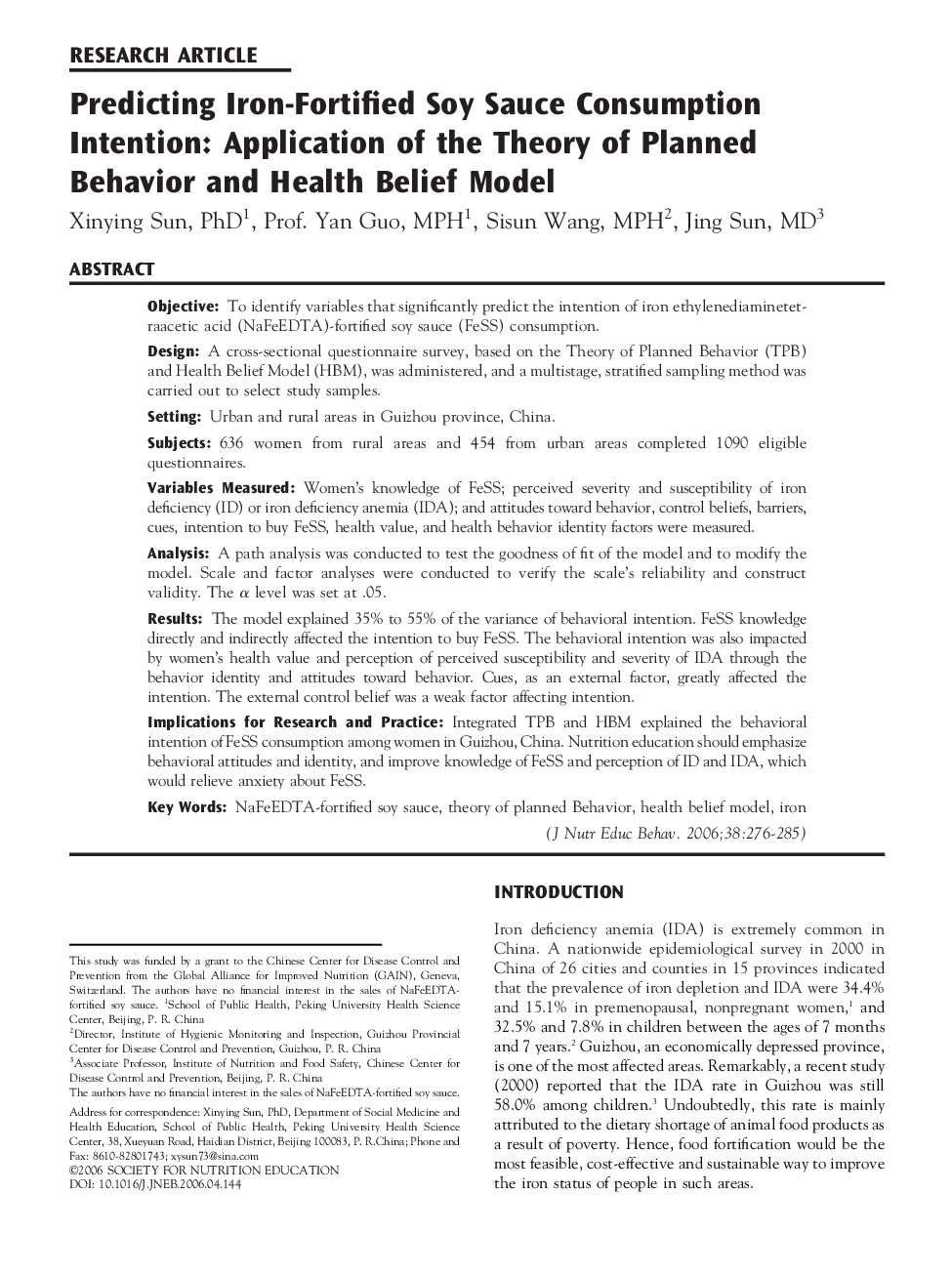 Predicting Iron-Fortified Soy Sauce Consumption Intention: Application of the Theory of Planned Behavior and Health Belief Model 