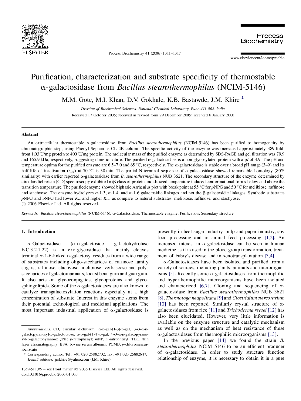 Purification, characterization and substrate specificity of thermostable α-galactosidase from Bacillus stearothermophilus (NCIM-5146)