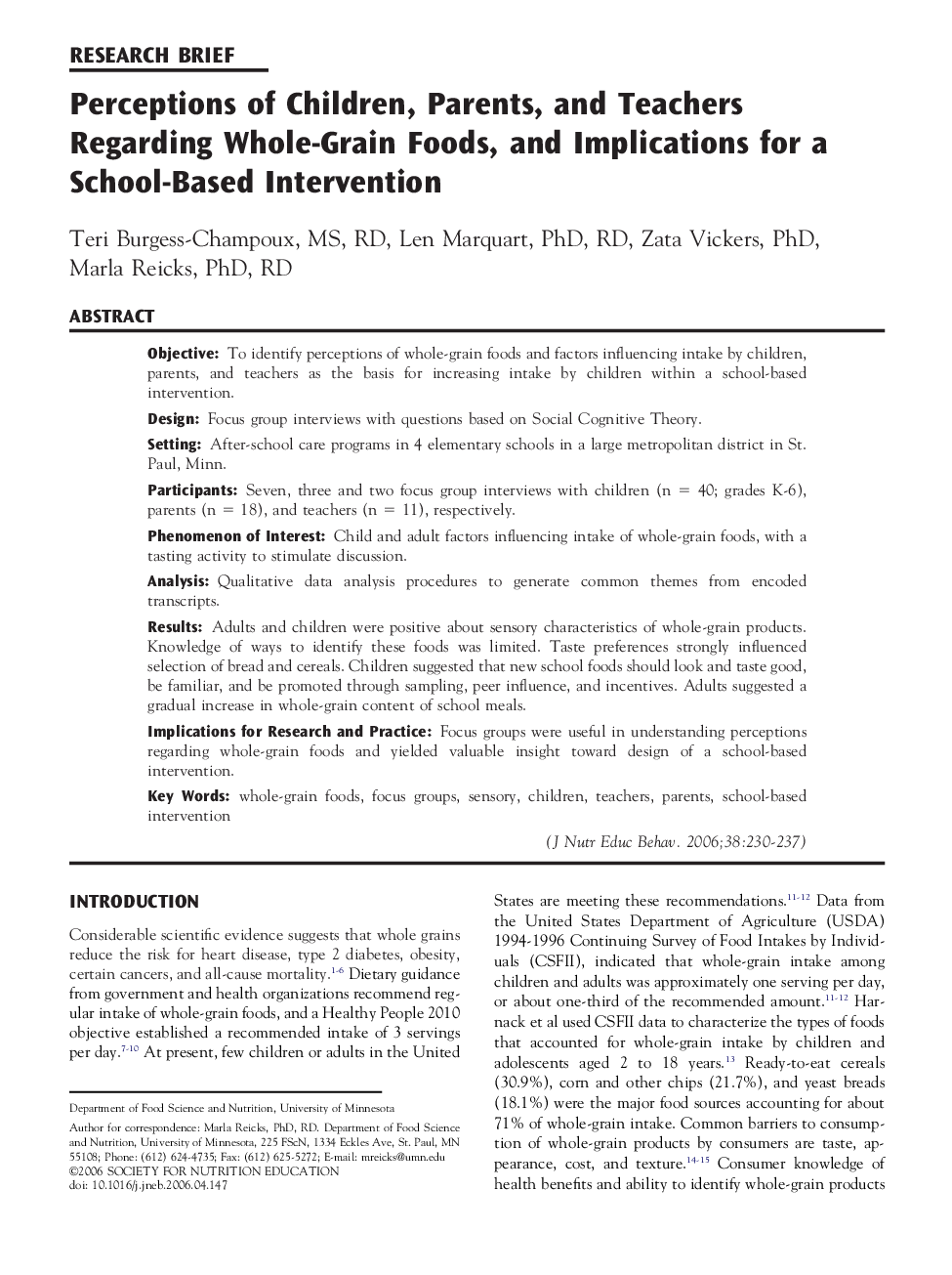 Perceptions of Children, Parents, and Teachers Regarding Whole-Grain Foods, and Implications for a School-Based Intervention