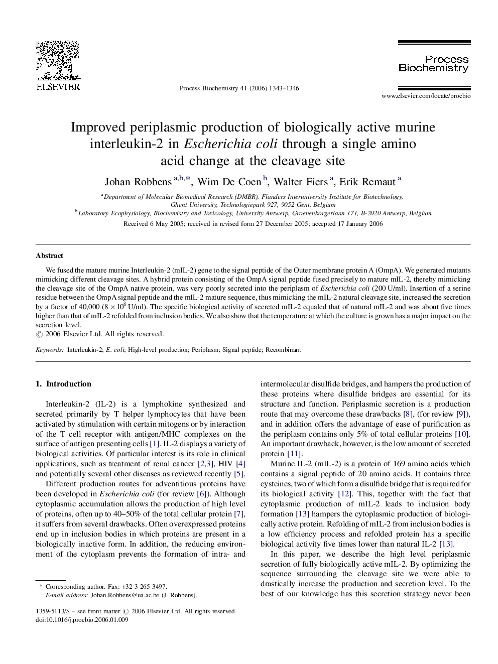 Improved periplasmic production of biologically active murine interleukin-2 in Escherichia coli through a single amino acid change at the cleavage site