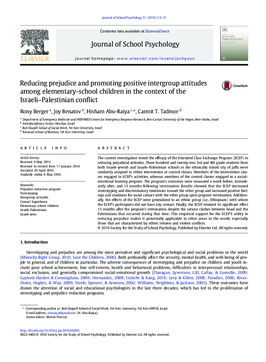 Reducing prejudice and promoting positive intergroup attitudes among elementary-school children in the context of the Israeli–Palestinian conflict