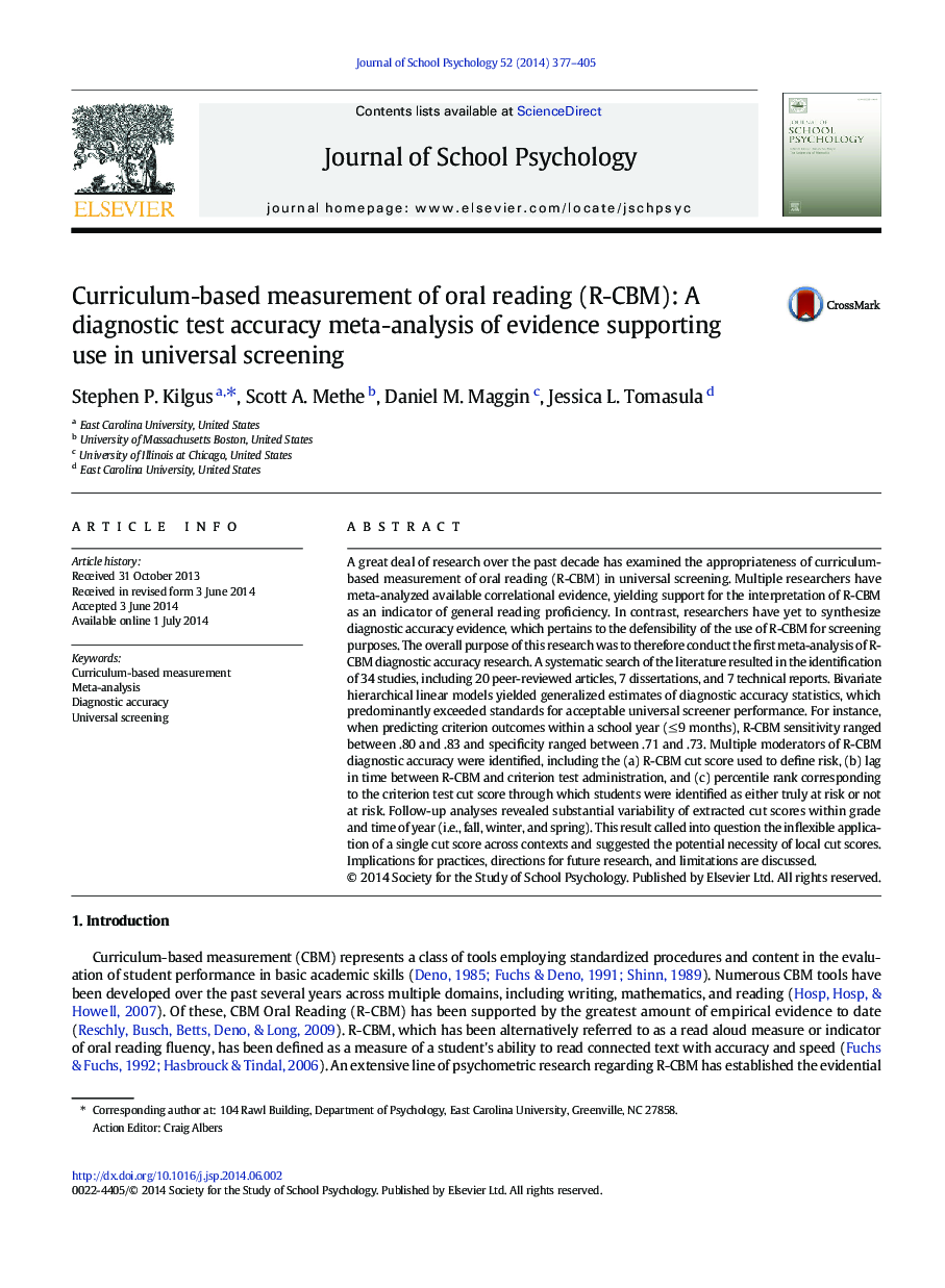 Curriculum-based measurement of oral reading (R-CBM): A diagnostic test accuracy meta-analysis of evidence supporting use in universal screening