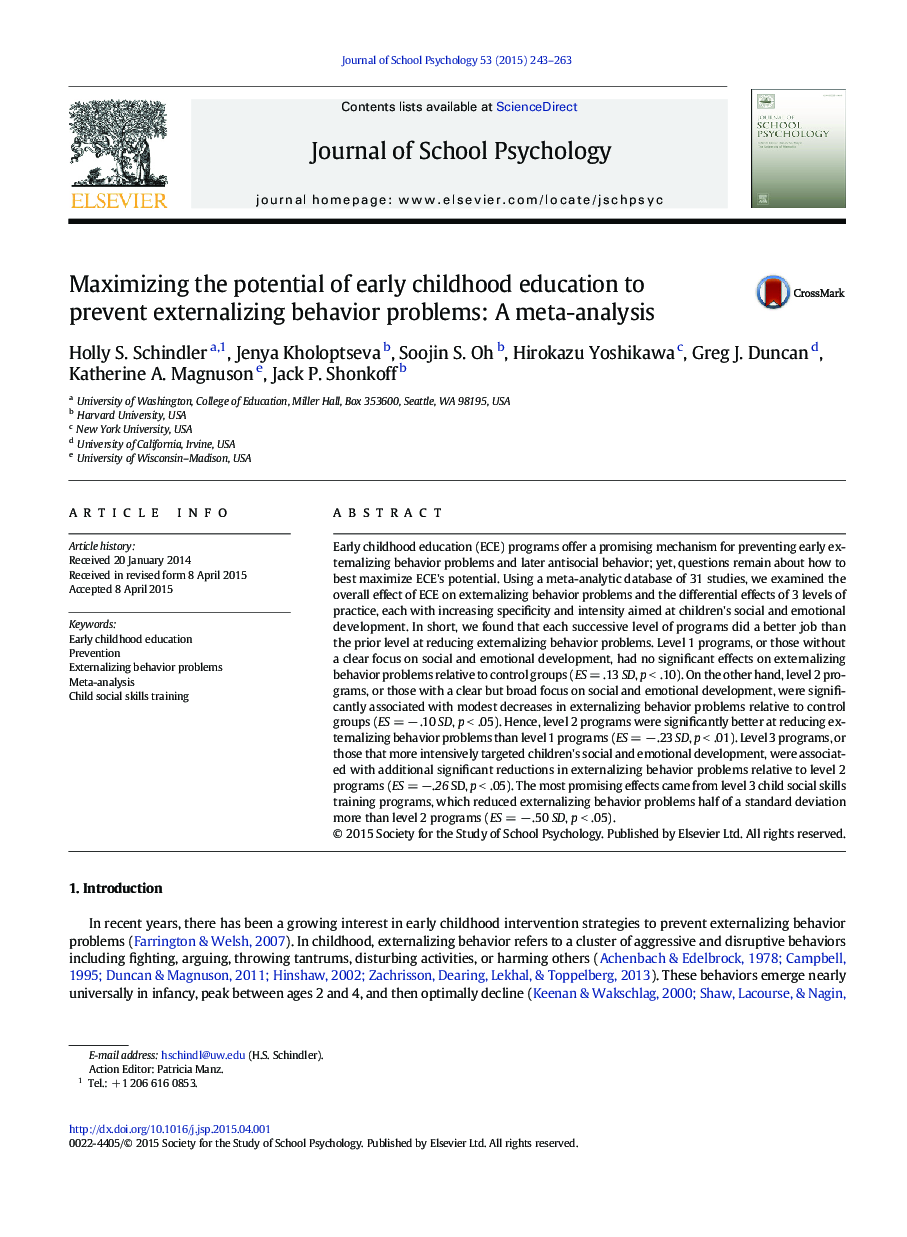 Maximizing the potential of early childhood education to prevent externalizing behavior problems: A meta-analysis
