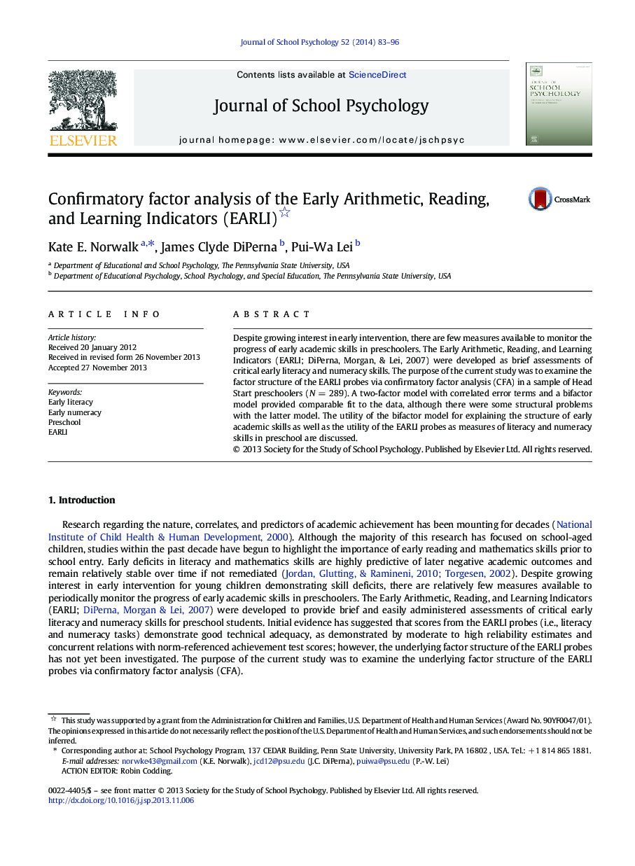 Confirmatory factor analysis of the Early Arithmetic, Reading, and Learning Indicators (EARLI) 