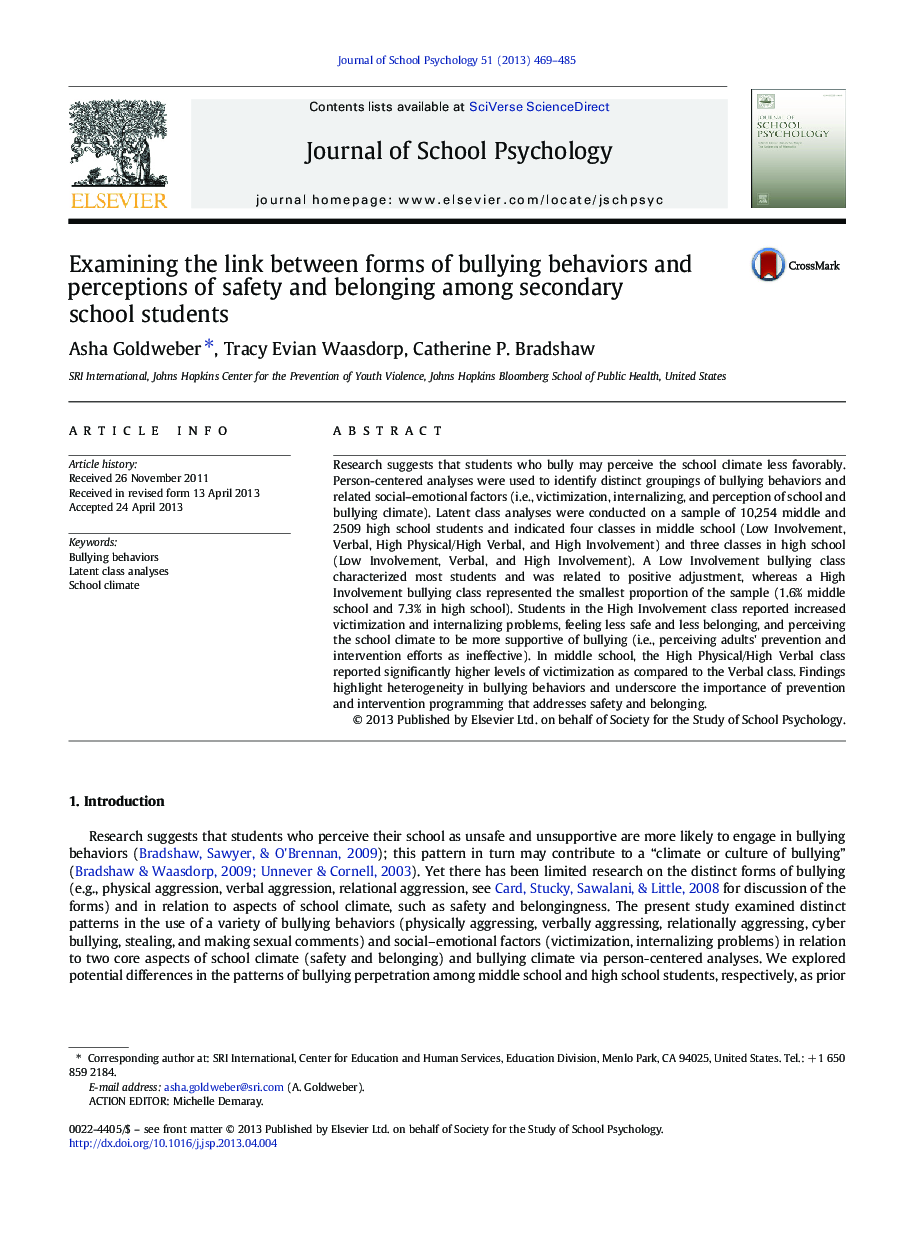 Examining the link between forms of bullying behaviors and perceptions of safety and belonging among secondary school students