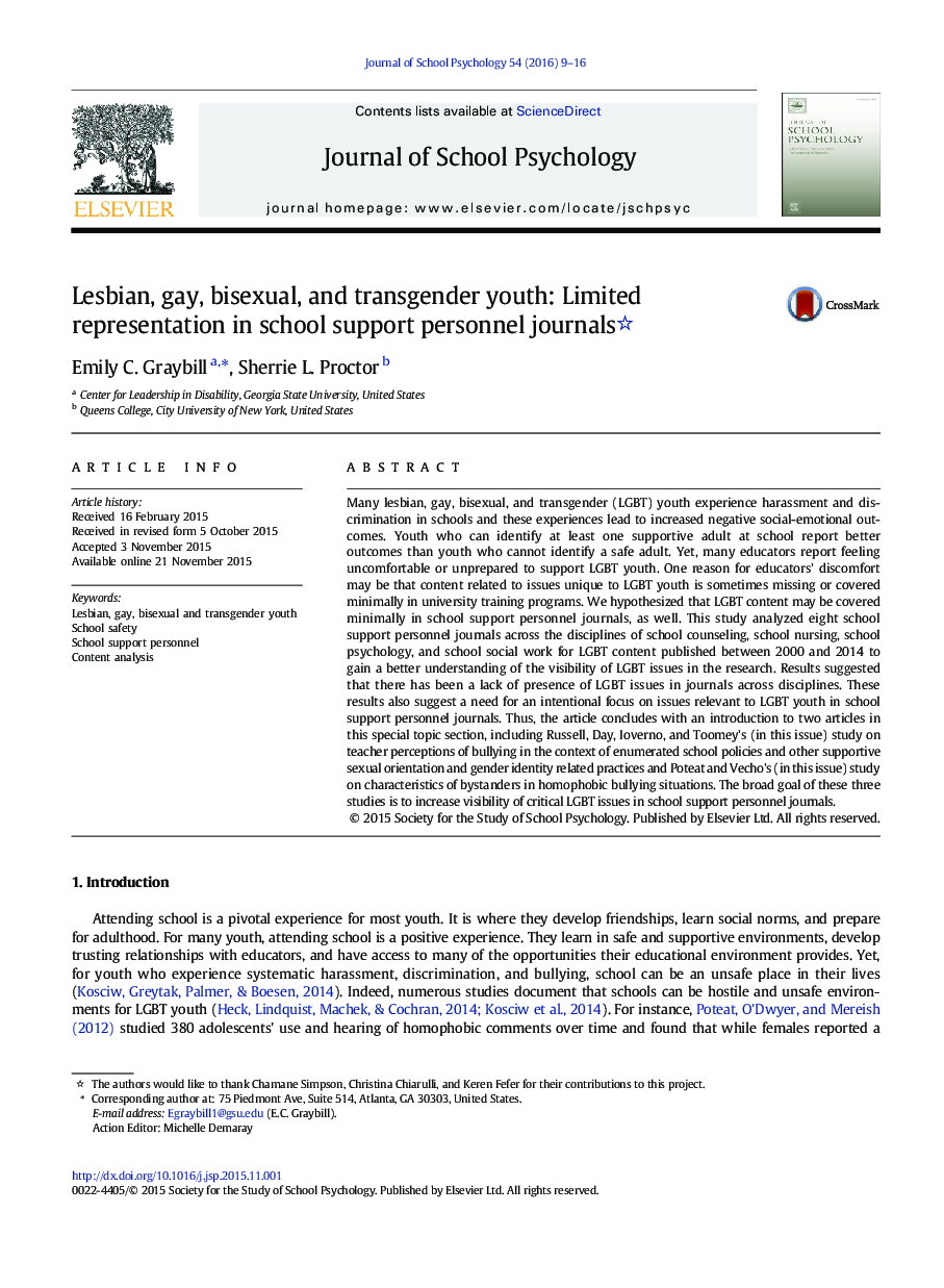 Lesbian, gay, bisexual, and transgender youth: Limited representation in school support personnel journals 