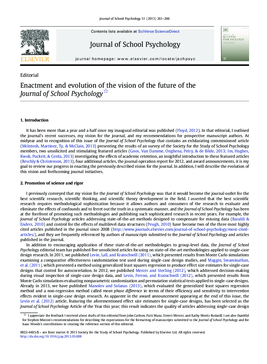 Enactment and evolution of the vision of the future of the Journal of School Psychology