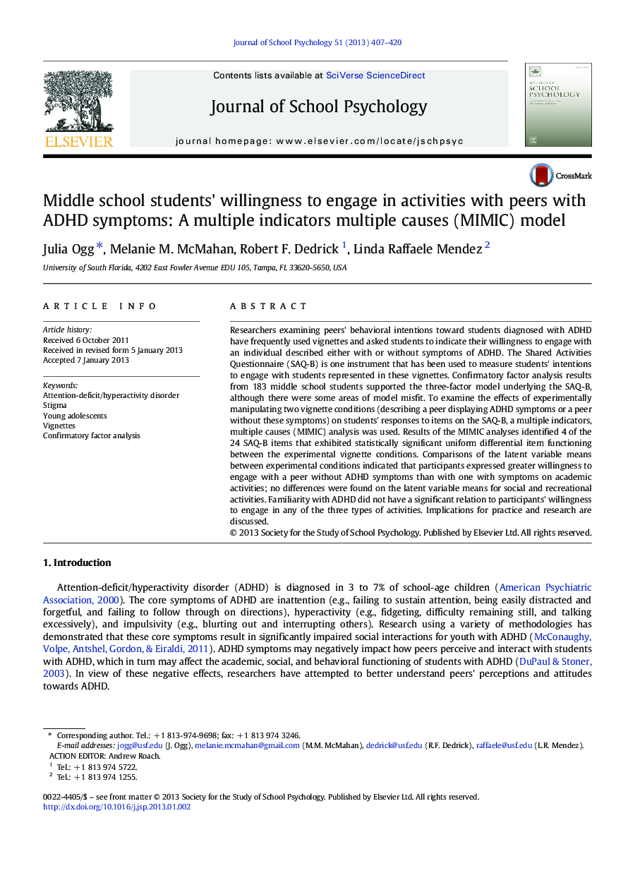 Middle school students' willingness to engage in activities with peers with ADHD symptoms: A multiple indicators multiple causes (MIMIC) model